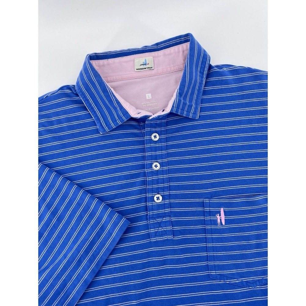 Johnnie-O Shirt Size Large Blue Pink Stripe Short Sleeve Button Up Polo